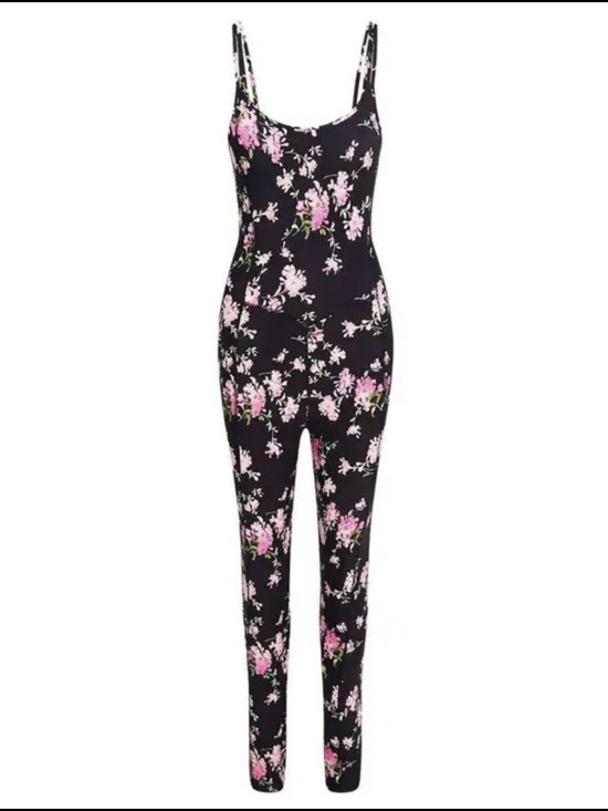 LoveShackFancy Pants - LoveShackFancy Black Jumpsuit with Pink Floral Print